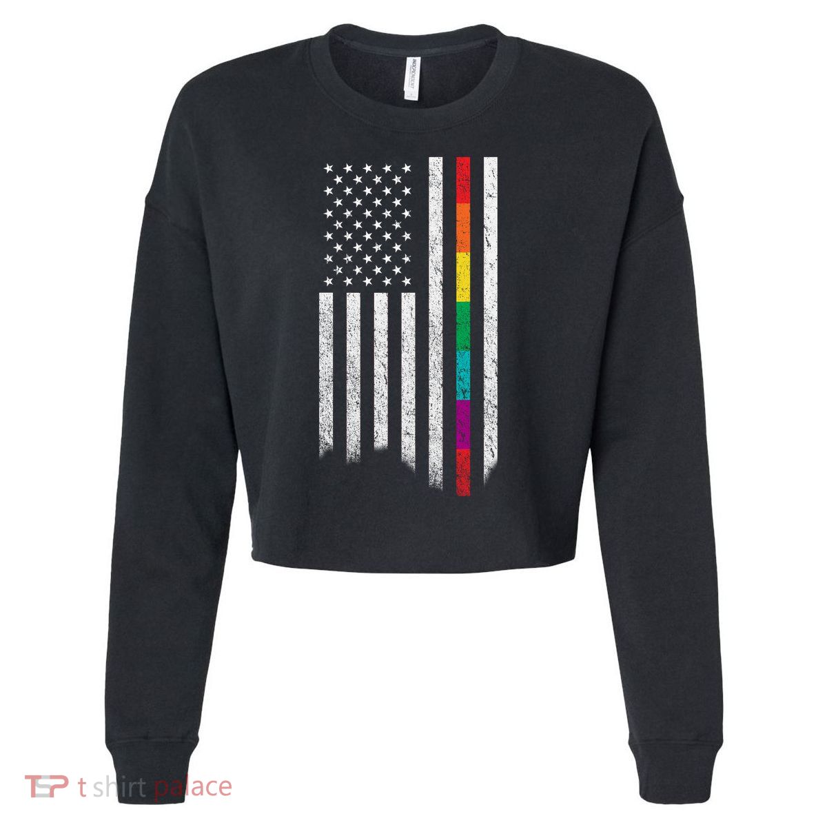 Thin Line Rainbow American Flag Cropped Pullover Crew