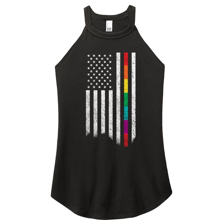 Thin Line Rainbow American Flag Women's Perfect Tri Rocker Tank