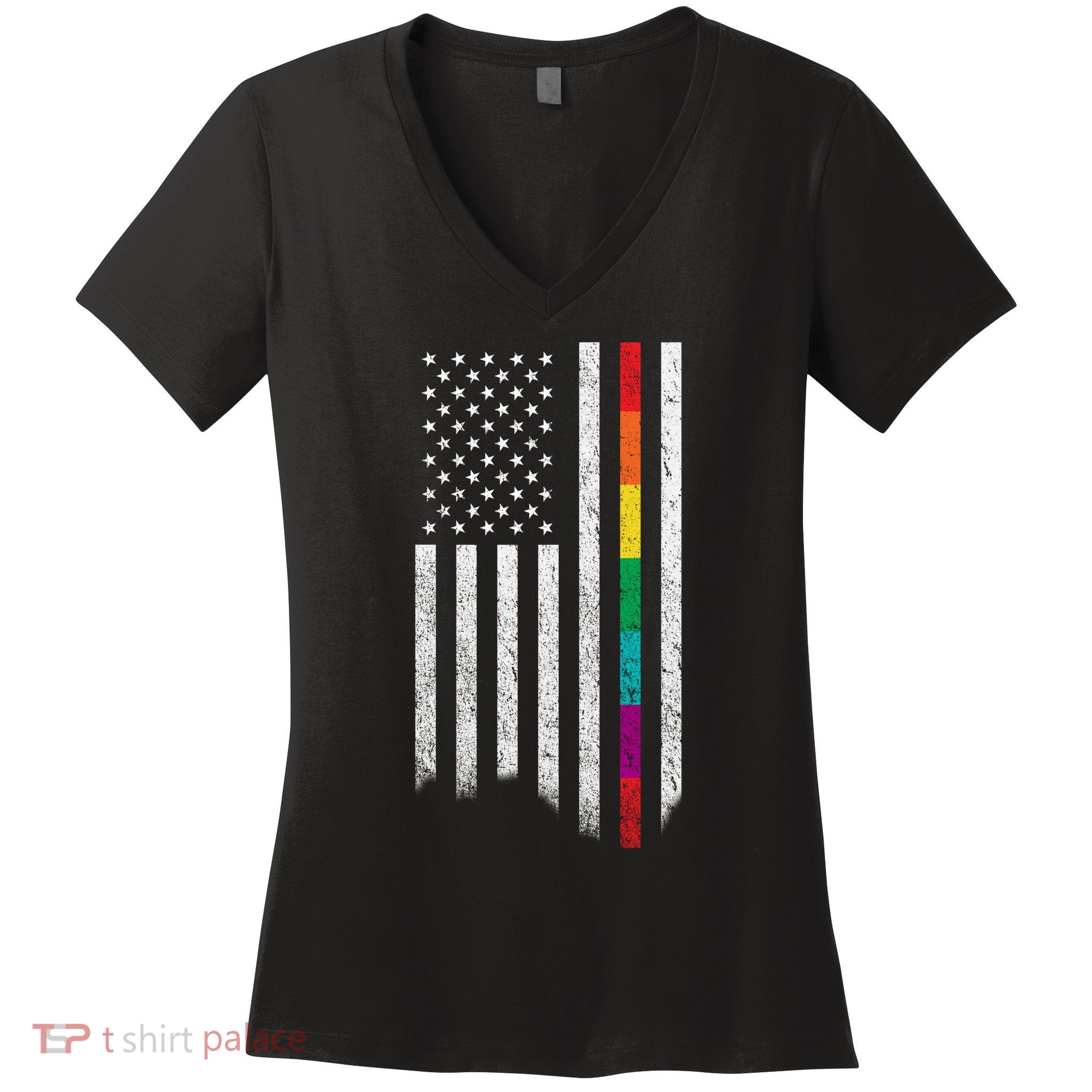 Thin Line Rainbow American Flag Women's V-Neck T-Shirt
