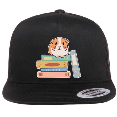 Guinea Pig Sitting On Top Of A Stack Of Books For Reading Flat Bill Trucker Hat