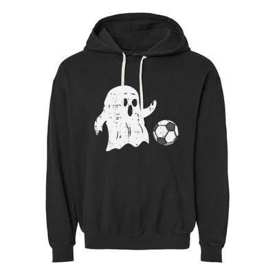 Ghost Playing Soccer Funny Football Halloween Costume Sports Garment-Dyed Fleece Hoodie