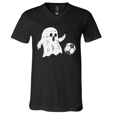 Ghost Playing Soccer Funny Football Halloween Costume Sports V-Neck T-Shirt