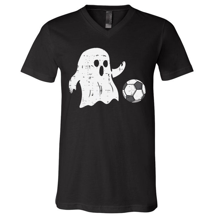 Ghost Playing Soccer Funny Football Halloween Costume Sports V-Neck T-Shirt