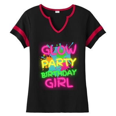 Glow Party Squad Paint Splatter Glow Party Birthday Girl Gift Ladies Halftime Notch Neck Tee