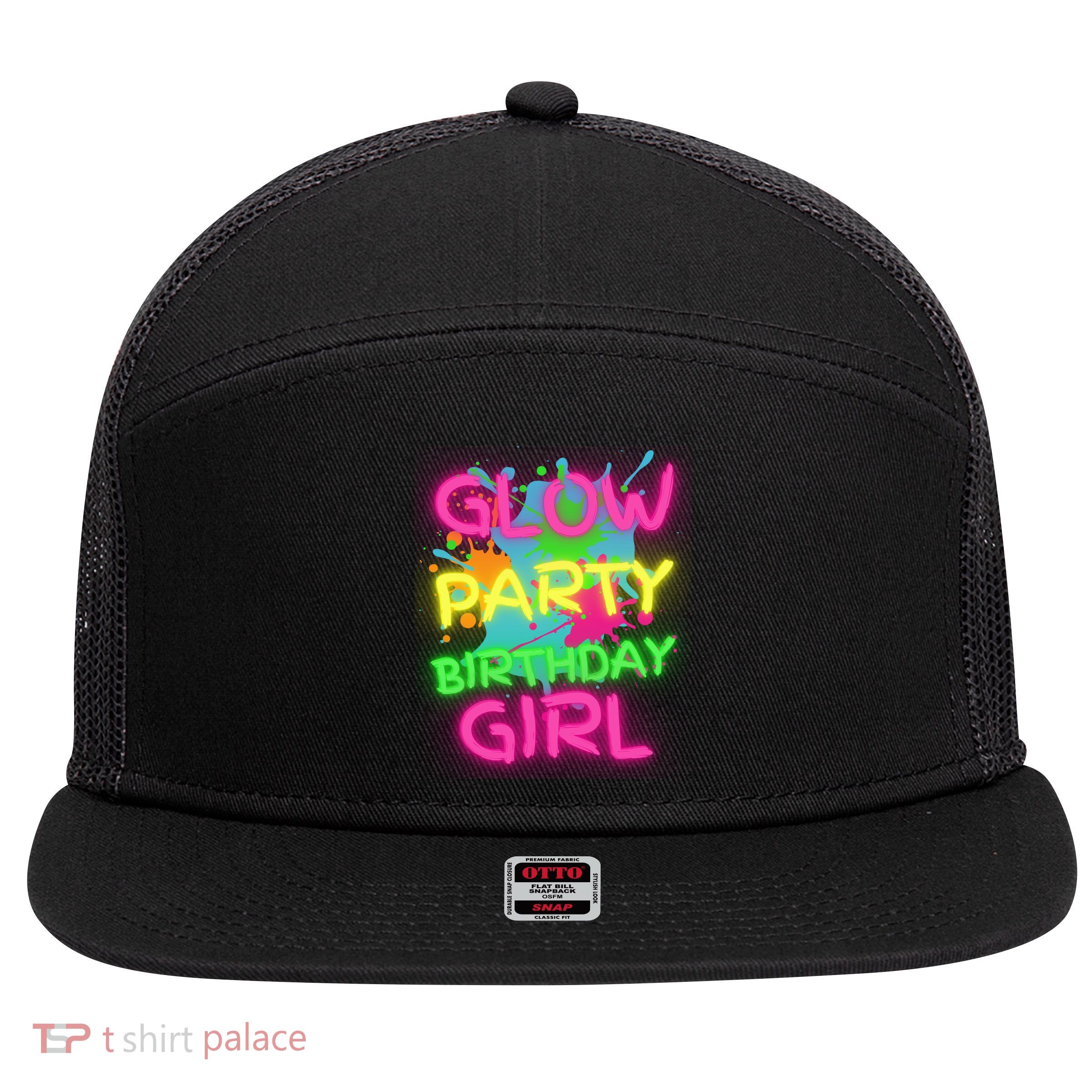 Glow Party Squad Paint Splatter Glow Party Birthday Girl Gift 7 Panel Mesh Trucker Snapback Hat