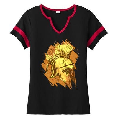 Grunge Painted Spartan Gladiator Warrior Helmet Ladies Halftime Notch Neck Tee