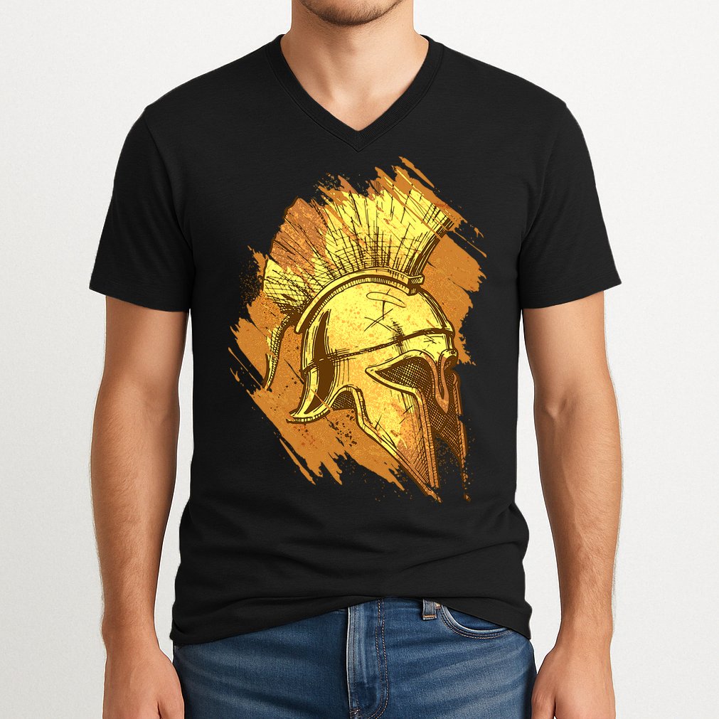 Grunge Painted Spartan Gladiator Warrior Helmet V-Neck T-Shirt