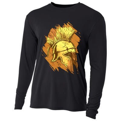 Grunge Painted Spartan Gladiator Warrior Helmet Cooling Performance Long Sleeve Crew
