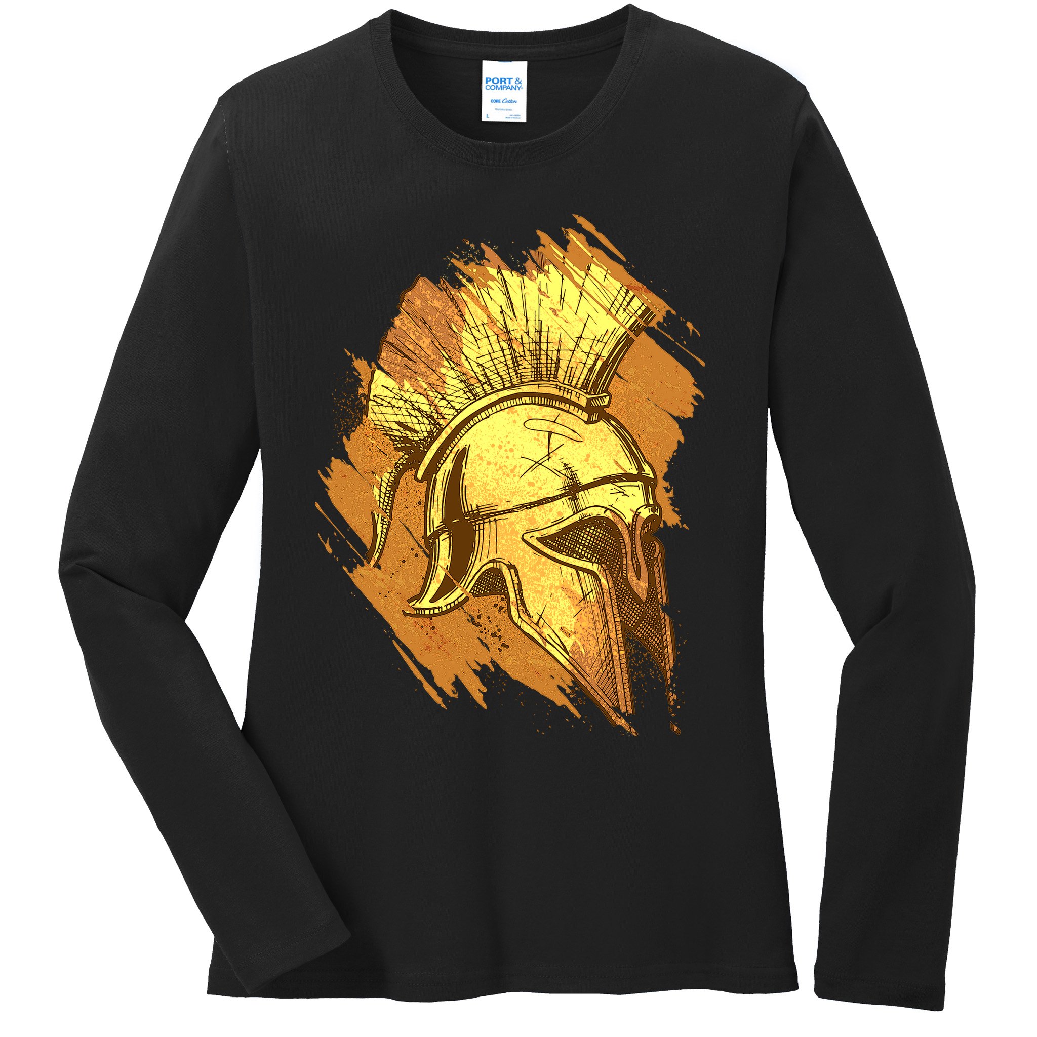 Grunge Painted Spartan Gladiator Warrior Helmet Ladies Long Sleeve Shirt
