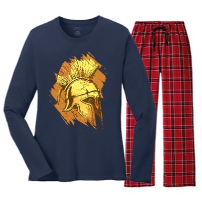 Grunge Painted Spartan Gladiator Warrior Helmet Women's Long Sleeve Flannel Pajama Set 