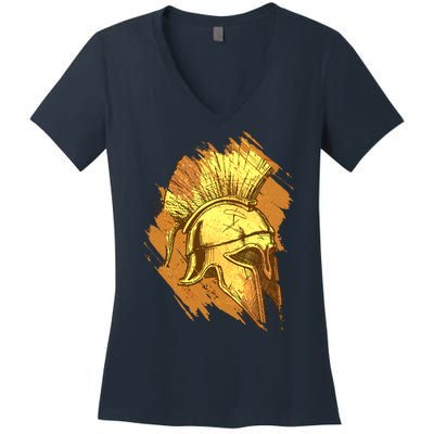 Grunge Painted Spartan Gladiator Warrior Helmet Women's V-Neck T-Shirt