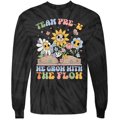 Groovy Preschool Teacher Team Prek Grow With The Flow Tie-Dye Long Sleeve Shirt