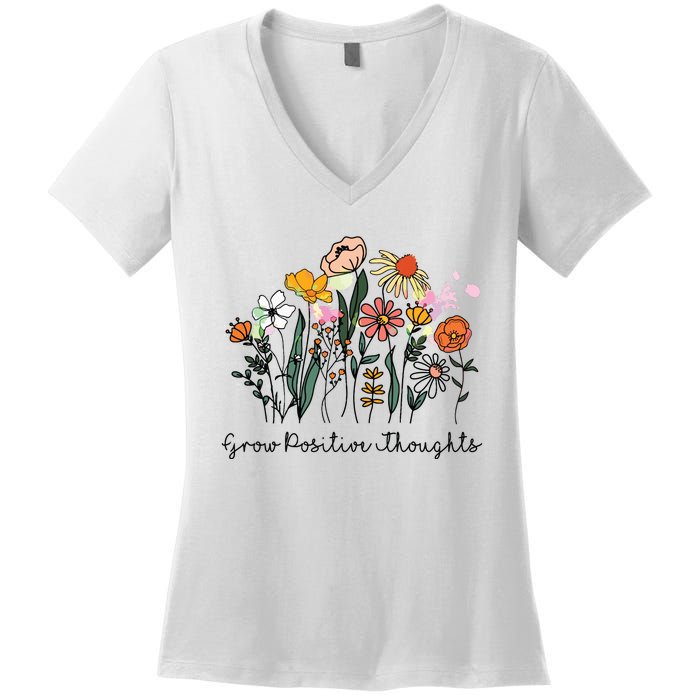 Grow Positive Thoughts Floral Bohemian Style Women's V-Neck T-Shirt