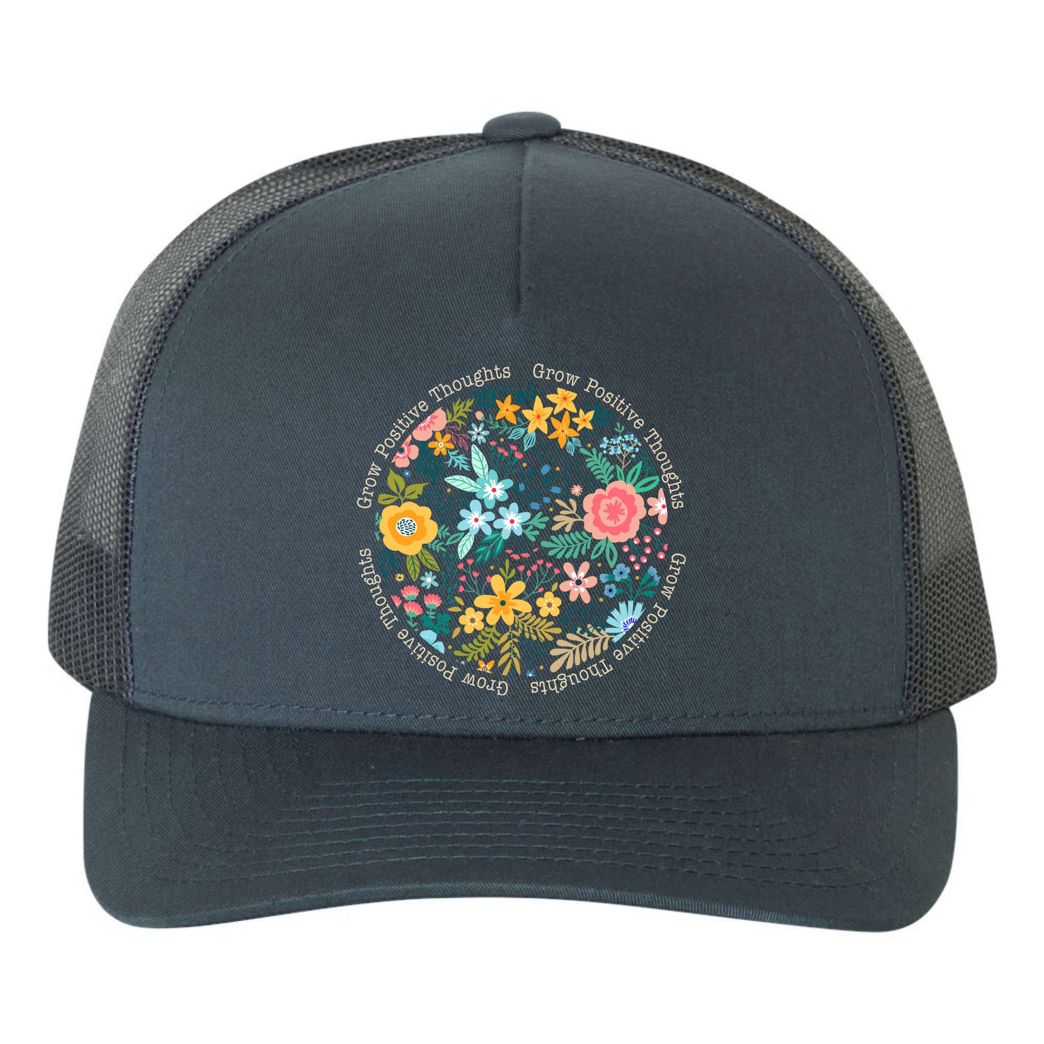 Grow Positive Thoughts Floral Flowers Emblem Yupoong Adult 5-Panel Trucker Hat