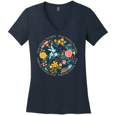 Grow Positive Thoughts Floral Flowers Emblem Women's V-Neck T-Shirt