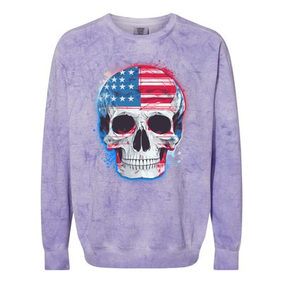 Grunge Paint USA American Flag Smiling Skull Colorblast Crewneck Sweatshirt