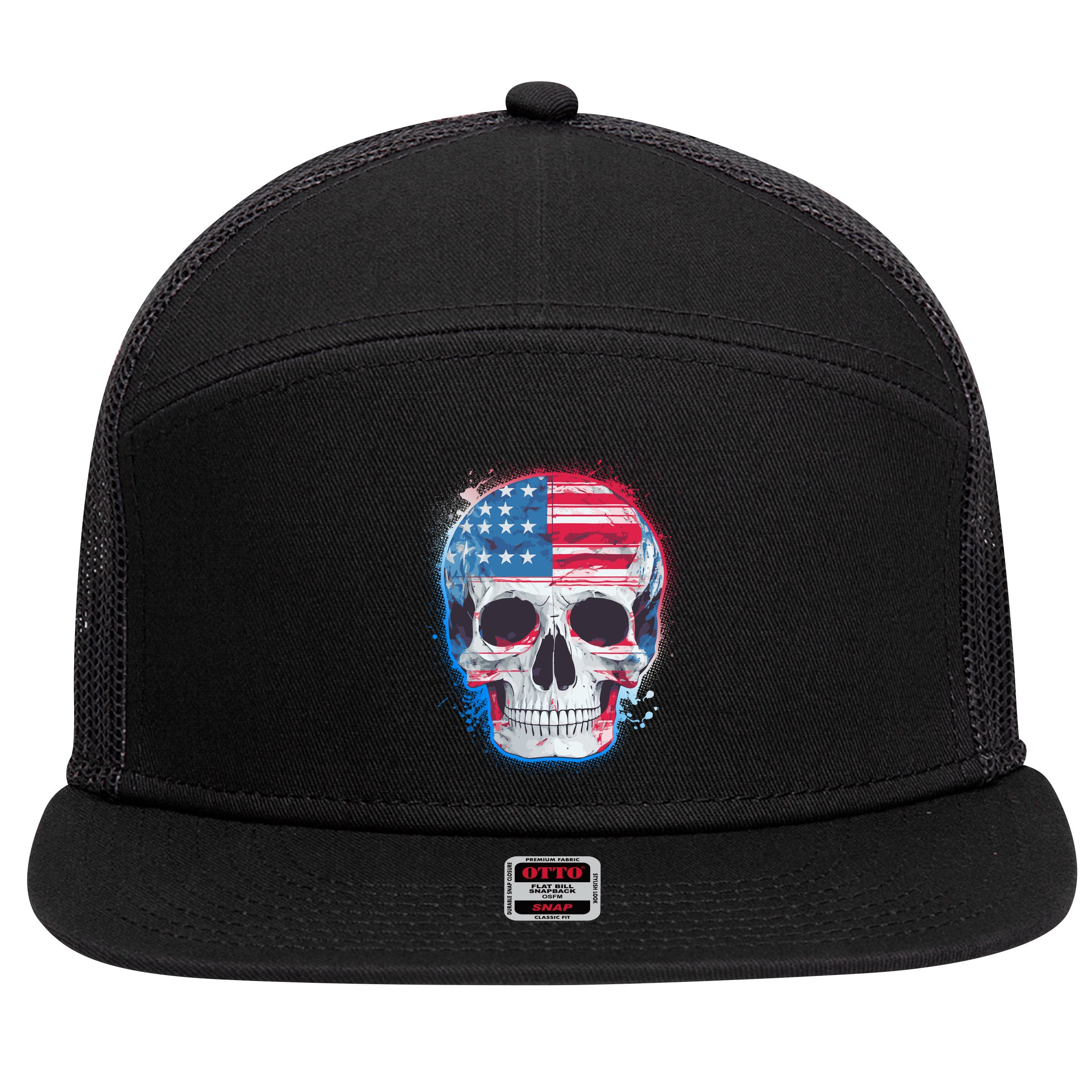 Grunge Paint USA American Flag Smiling Skull 7 Panel Mesh Trucker Snapback Hat