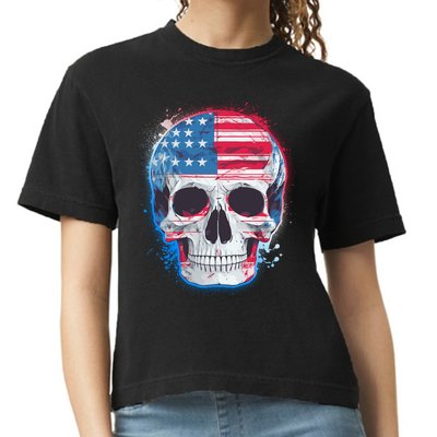 Grunge Paint USA American Flag Smiling Skull Comfort Colors Boxy T-Shirt