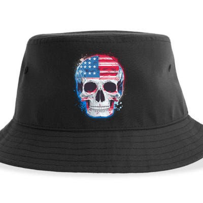 Grunge Paint USA American Flag Smiling Skull Sustainable Bucket Hat