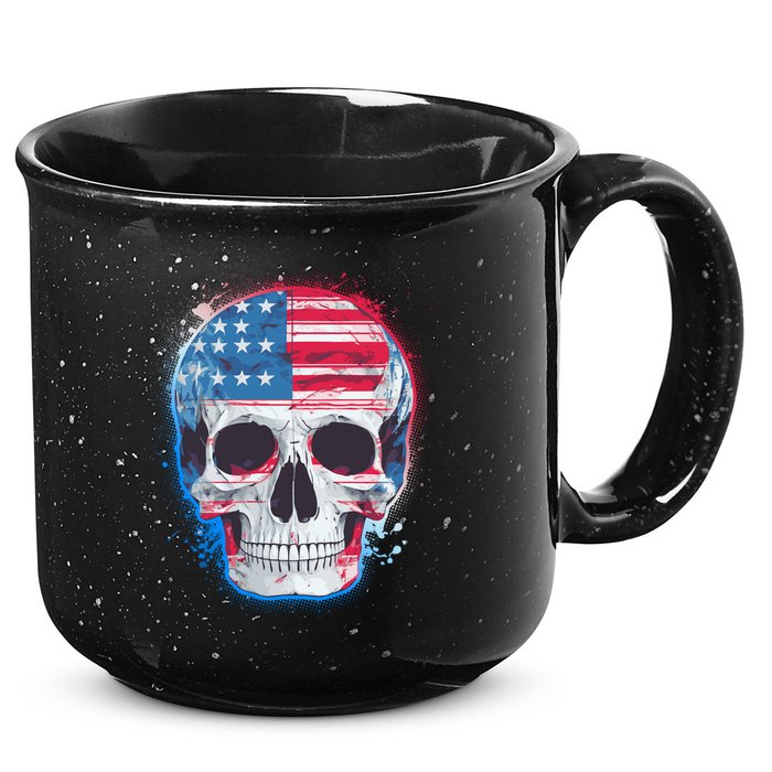 Grunge Paint USA American Flag Smiling Skull 15oz Campfire Ceramic Mug