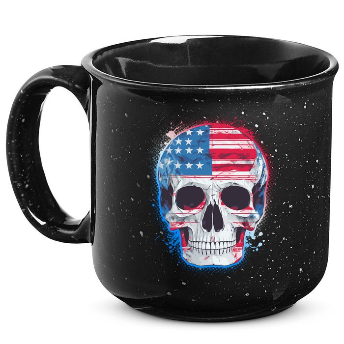 Grunge Paint USA American Flag Smiling Skull 15oz Campfire Ceramic Mug