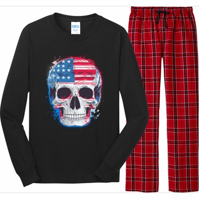 Grunge Paint USA American Flag Smiling Skull Long Sleeve Pajama Set