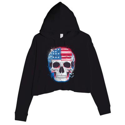 Grunge Paint USA American Flag Smiling Skull Crop Fleece Hoodie