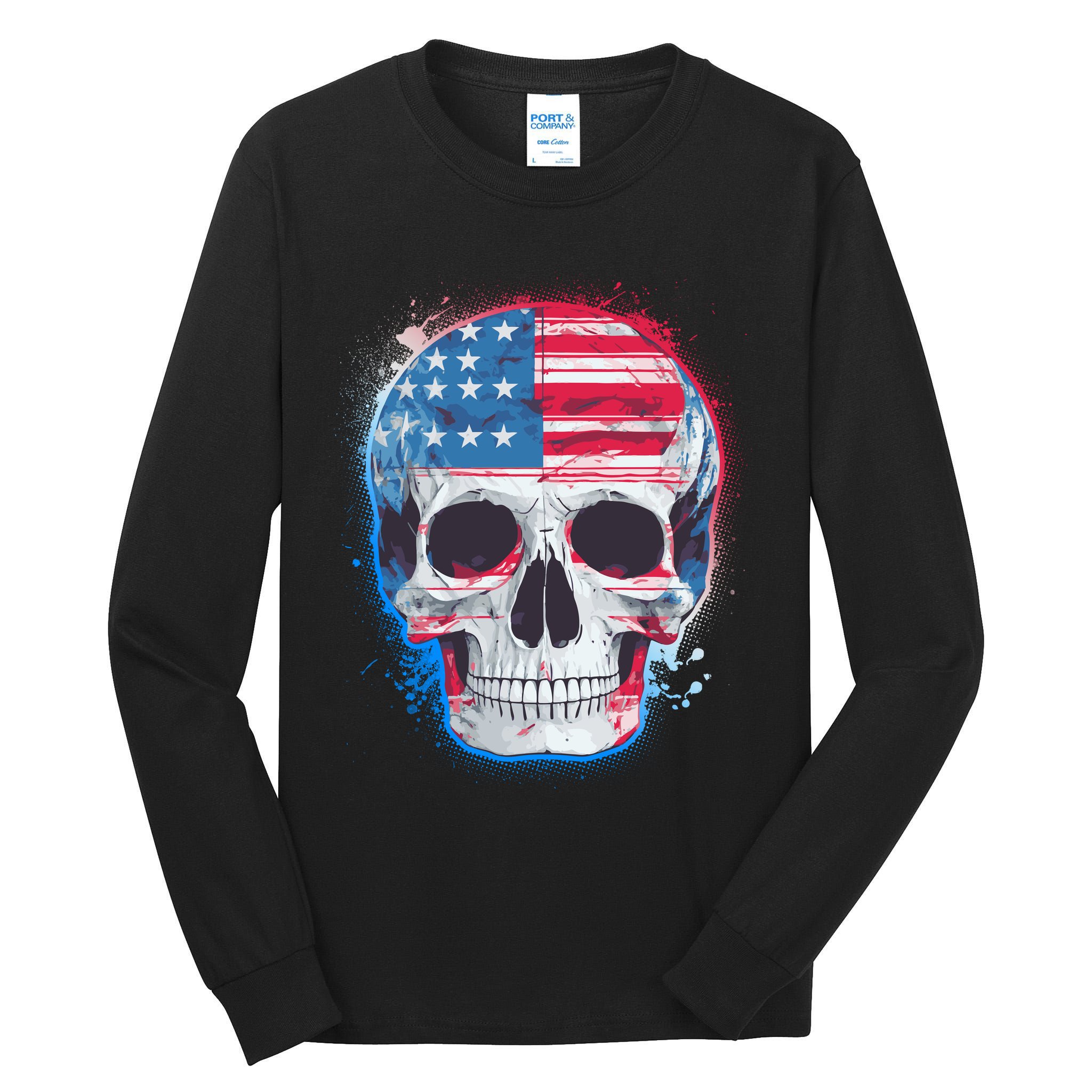 Grunge Paint USA American Flag Smiling Skull Tall Long Sleeve T-Shirt