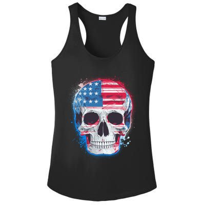 Grunge Paint USA American Flag Smiling Skull Ladies PosiCharge Competitor Racerback Tank