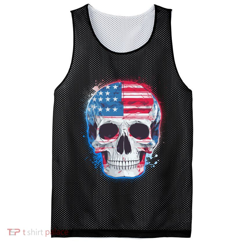 Grunge Paint USA American Flag Smiling Skull Mesh Reversible Basketball Jersey Tank
