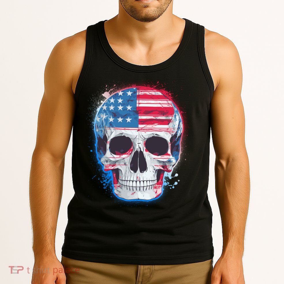 Grunge Paint USA American Flag Smiling Skull Tank Top