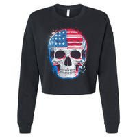 Grunge Paint USA American Flag Smiling Skull Cropped Pullover Crew