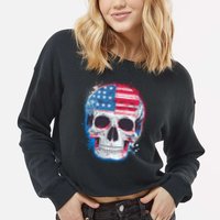 Grunge Paint USA American Flag Smiling Skull Cropped Pullover Crew