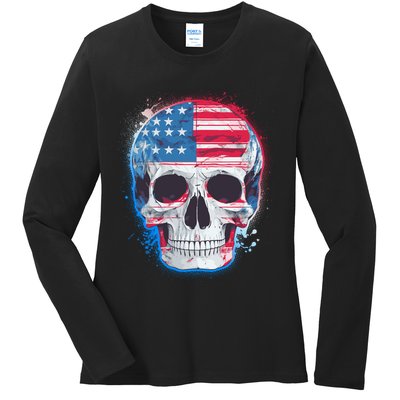 Grunge Paint USA American Flag Smiling Skull Ladies Long Sleeve Shirt