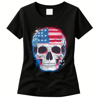 Grunge Paint USA American Flag Smiling Skull Womens T-Shirt