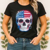 Grunge Paint USA American Flag Smiling Skull Womens T-Shirt
