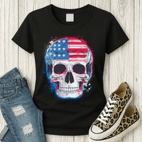 Grunge Paint USA American Flag Smiling Skull Womens T-Shirt