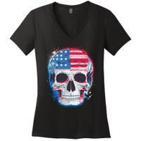 Grunge Paint USA American Flag Smiling Skull Women's V-Neck T-Shirt