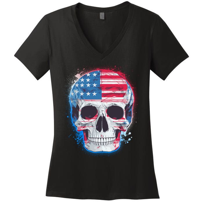 Grunge Paint USA American Flag Smiling Skull Women's V-Neck T-Shirt