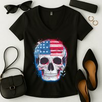 Grunge Paint USA American Flag Smiling Skull Women's V-Neck T-Shirt