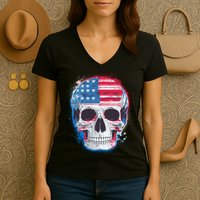 Grunge Paint USA American Flag Smiling Skull Women's V-Neck T-Shirt