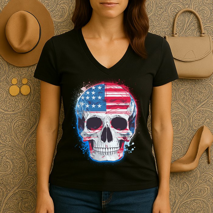 Grunge Paint USA American Flag Smiling Skull Women's V-Neck T-Shirt