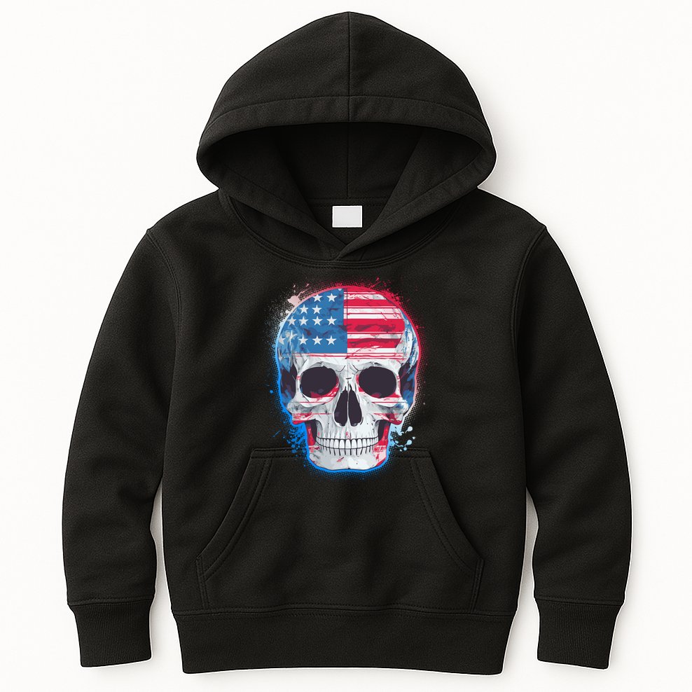 Grunge Paint USA American Flag Smiling Skull Kids Hoodie