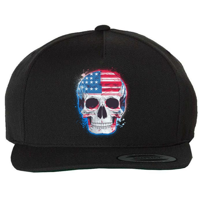 Grunge Paint USA American Flag Smiling Skull Wool Snapback Cap