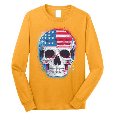 Grunge Paint USA American Flag Smiling Skull Long Sleeve Shirt