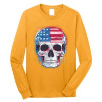 Grunge Paint USA American Flag Smiling Skull Long Sleeve Shirt