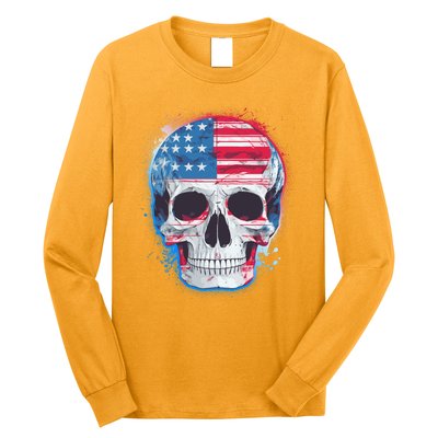 Grunge Paint USA American Flag Smiling Skull Long Sleeve Shirt