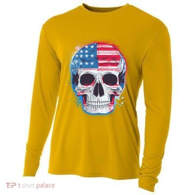Grunge Paint USA American Flag Smiling Skull Cooling Performance Long Sleeve Crew