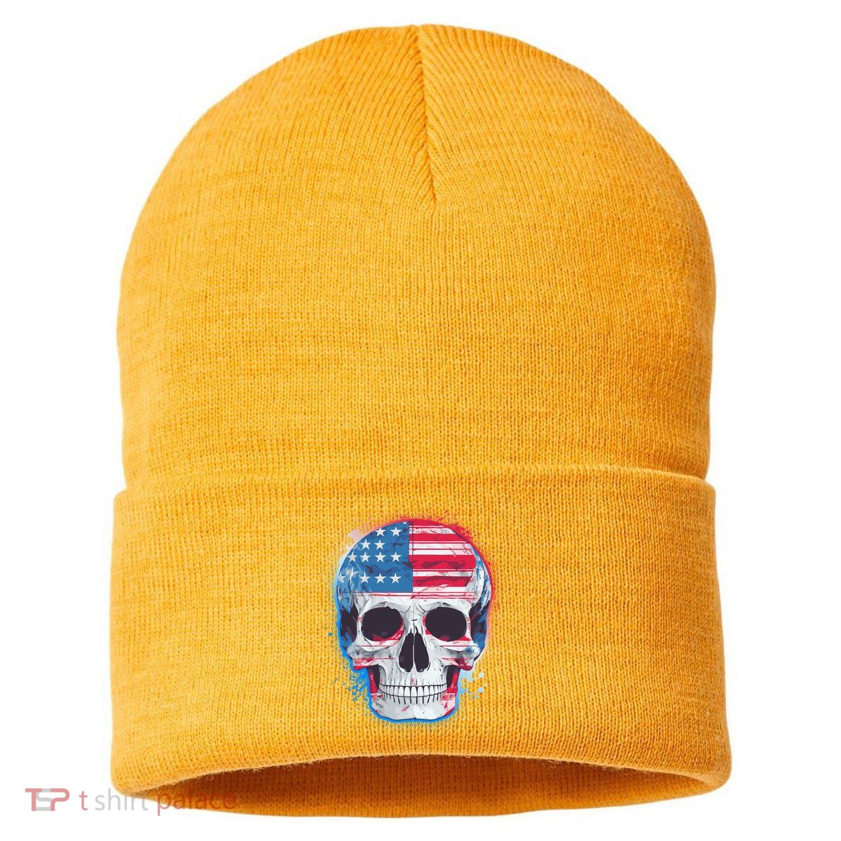 Grunge Paint USA American Flag Smiling Skull Sustainable Knit Beanie