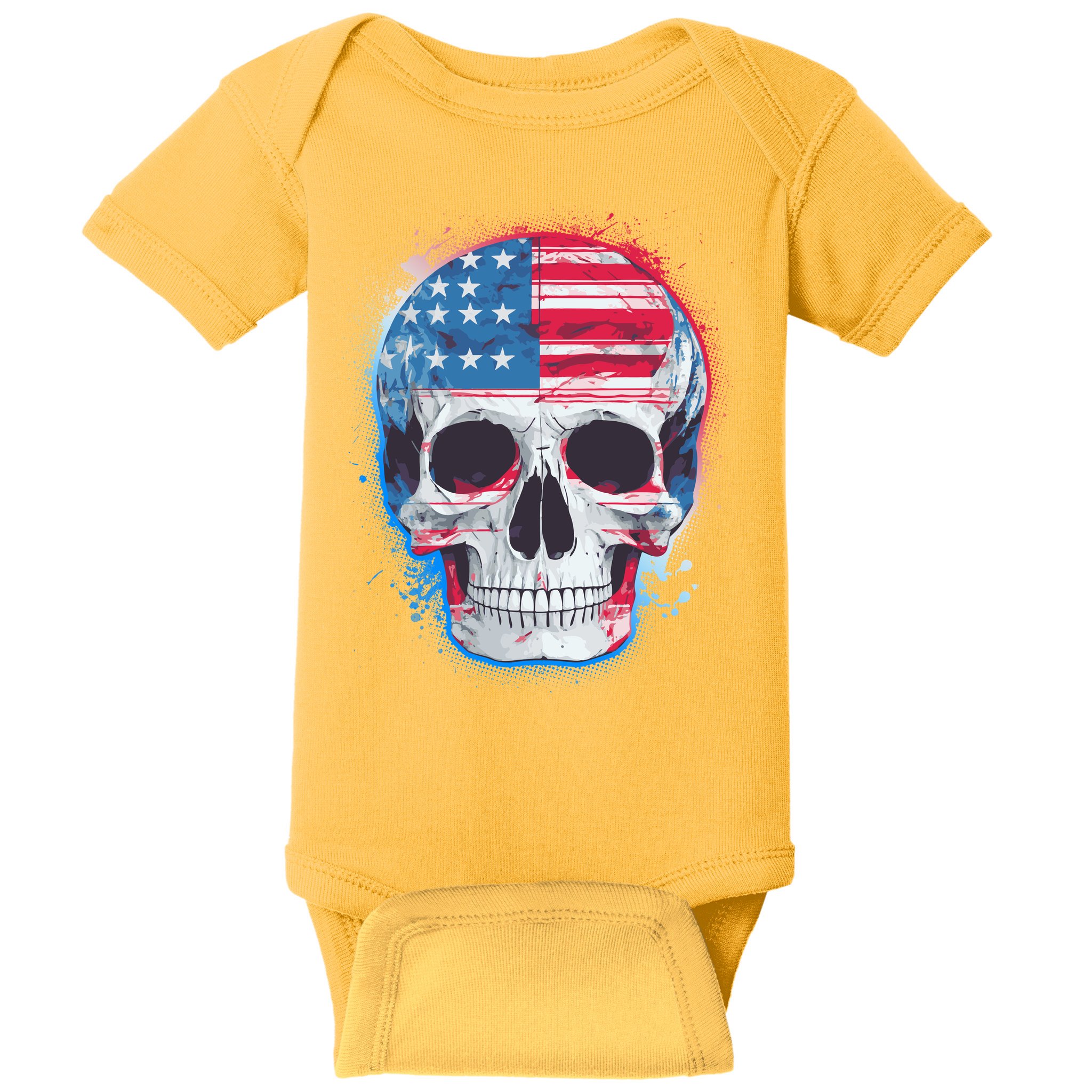 Grunge Paint USA American Flag Smiling Skull Baby Bodysuit